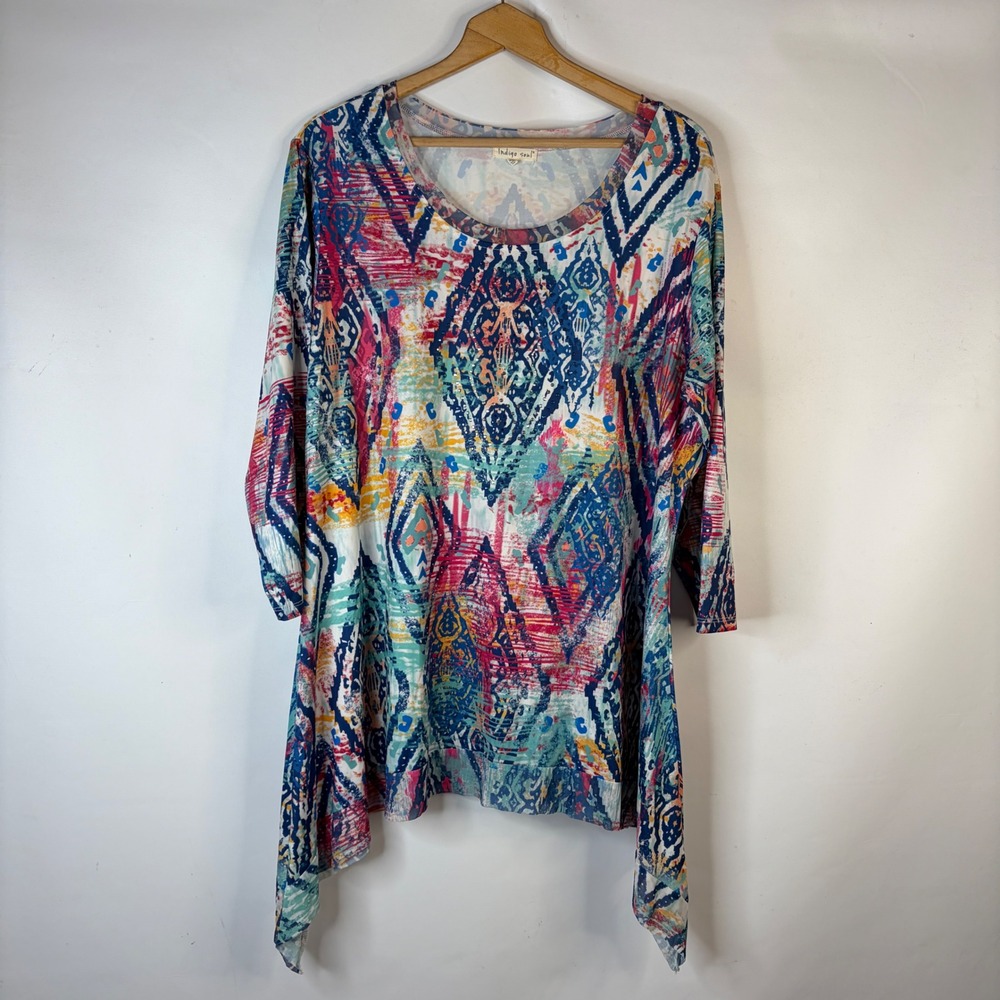 Indigo Soul Tunic Top Women 2XL Multicolor Geometric Rhinestone Sharkbite Hem
